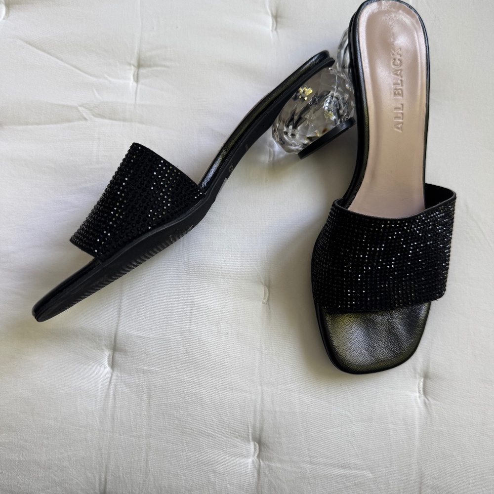 Black, sparkling, dress slides with crystal ball heals